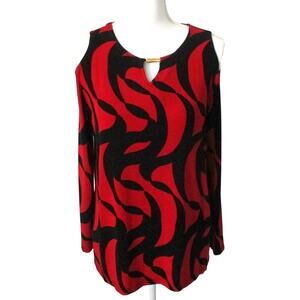 Travelers By Chico's Women's Red & Black Stretch  Peek A Boo Shoulder Shirt Sm.